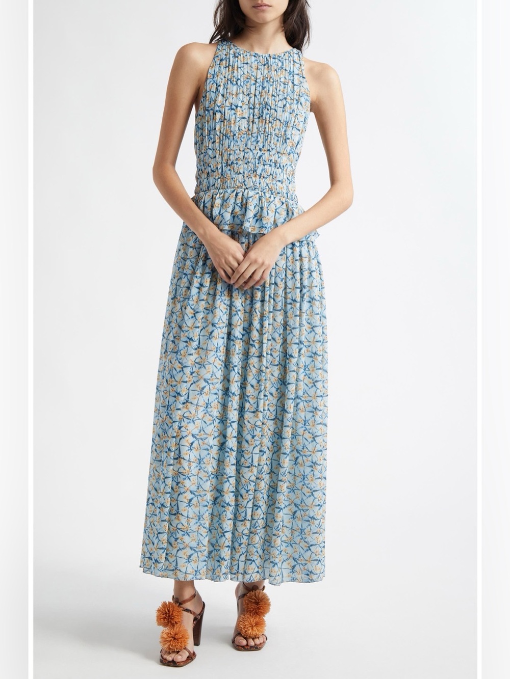 New $790 ULLA JOHNSON Adelind Floral Silk Maxi Dress In Blue